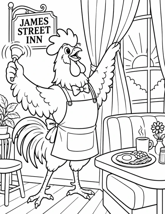 A charming rooster breakfast host rings a little bell while pulling open tall morning curtains at James Street Inn.