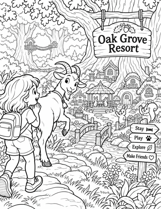 A friendly goat leads a child to a miniature meadow village tucked inside a giant oak grove.