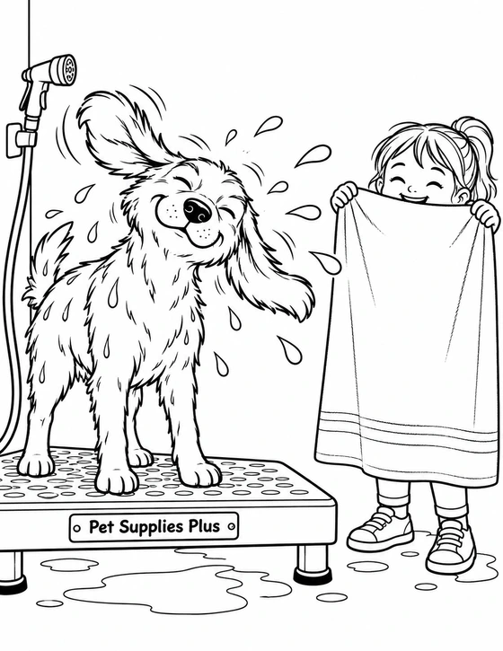 A freshly washed dog’s exuberant shake turns the child’s towel into a splash shield.