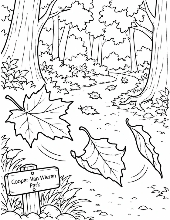 A windblown ribbon of broad fallen leaves leads the eye around a woodland trail bend.