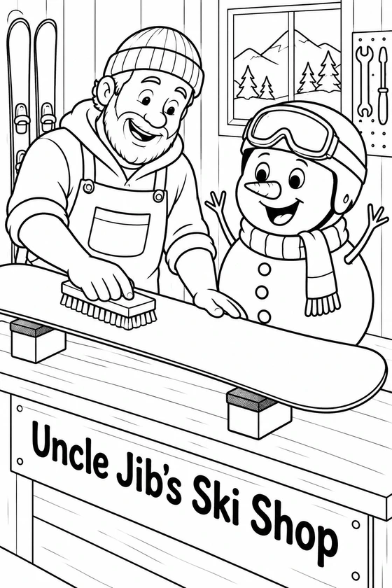 A delighted snowman in a ski helmet and goggles watches a friendly shop technician brush its snowboard at a tuning bench.