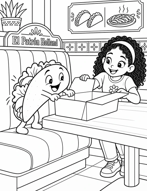A fictional taco character tries to pull itself into an open takeout box at an El Patrón booth while a Mexican-American child holds the box flaps open.