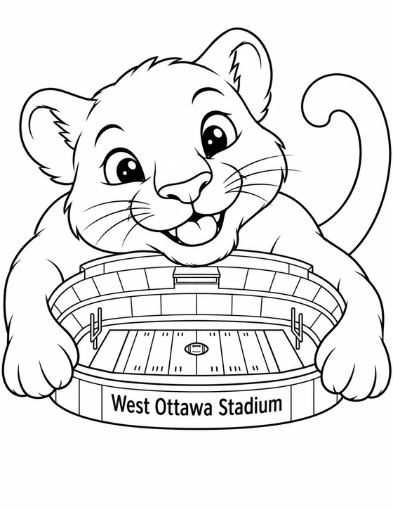 A giant playful panther cub curls around a tiny football stadium like a kitten guarding a favorite toy, peeking happily over the stands.
