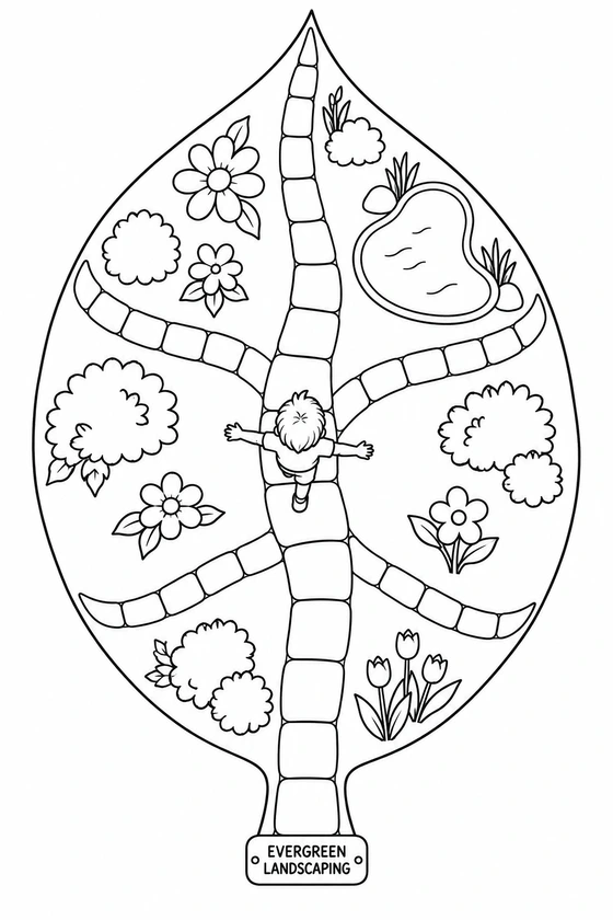 A real garden’s paths and beds make an enormous leaf, with one child traveling along its stone vein.