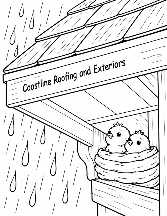 Two small chicks peek from a snug nest in a dry recess beneath a broad shingled roof eave while a few large raindrops fall just beyond its edge.