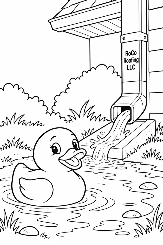 A cheerful rubber duck bobs in a shallow rain puddle beside a working house downspout.