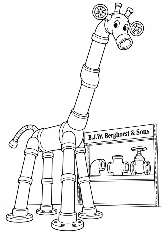 A curious tall giraffe assembled from broad industrial pipes and valves.
