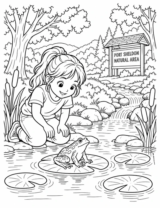 Girl quietly watches frog from dry bank; magnifying glass removed from retained woodland scene.