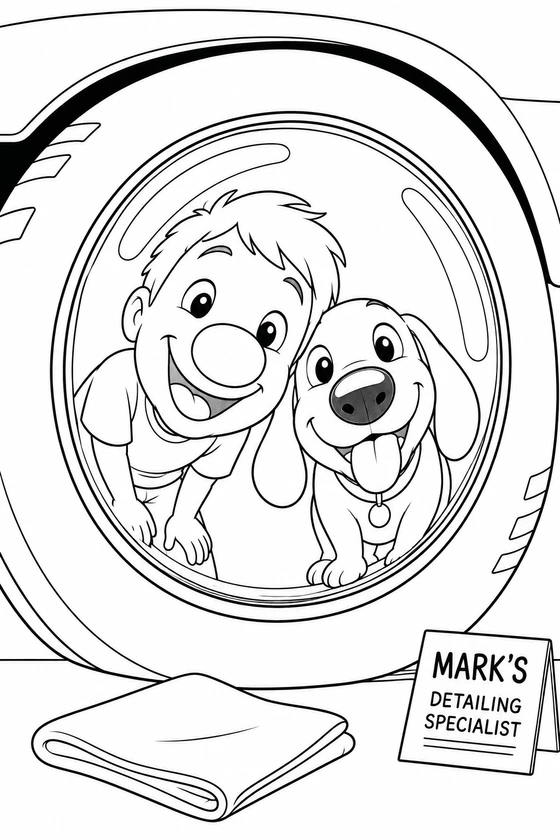 Two playful faces with comically enlarged noses reflected in the spotless round hubcap.