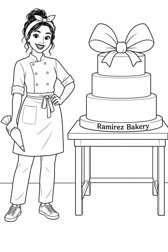 A cheerful woman baker stands beside a celebration cake on its own table, with both shoes fully visible on open floor well clear of the cake and table.