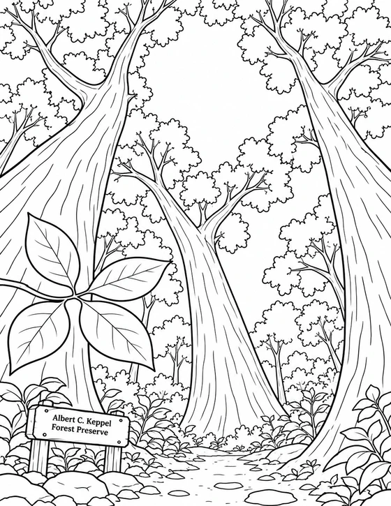 Tall forest trunks curve around a broad window of open sky.