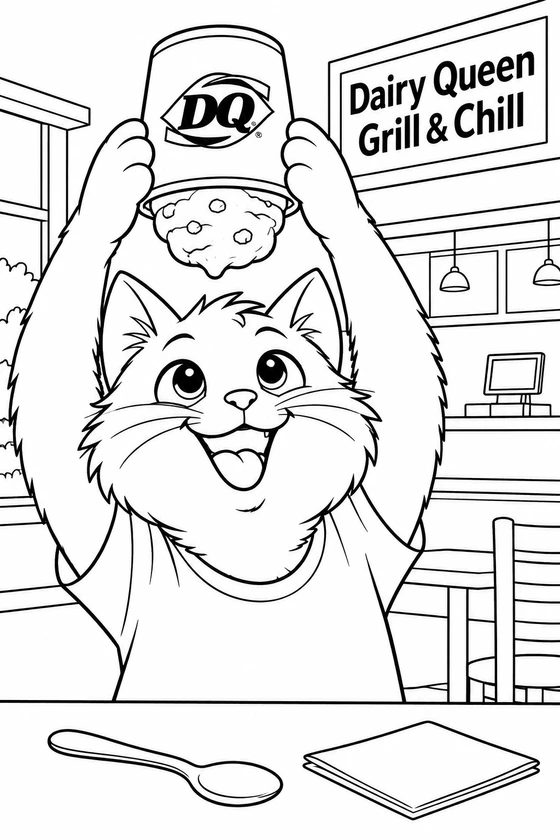 A delighted fluffy cat holds an upside-down cup of thick frozen treat above its head, amazed that the treat stays inside.