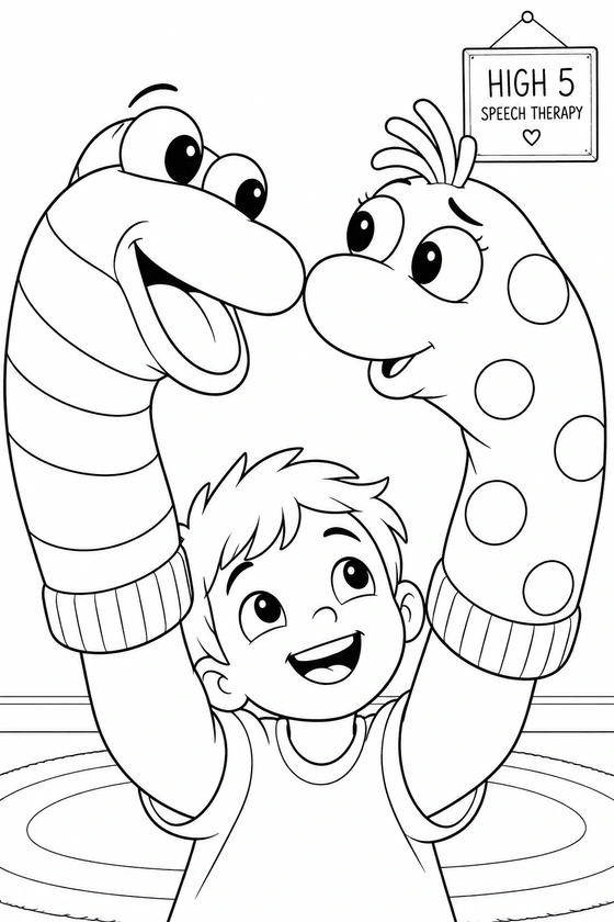 A striped puppet tells something exciting to a wide-eyed spotted puppet, their large silly faces almost touching while their maker peeks below.