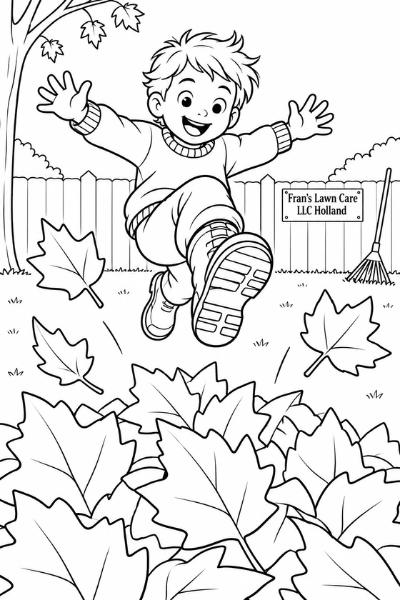 A child leaps into a broad heap of autumn leaves with boots reaching toward the viewer.