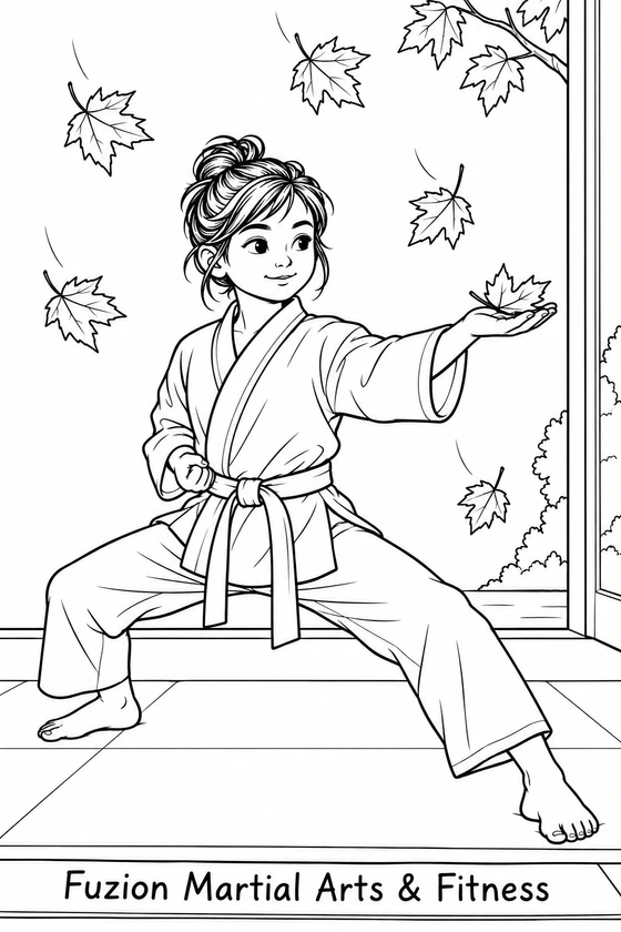 A martial-arts student in a plain tied uniform holds a strong low stance while one falling maple leaf settles onto their open palm.