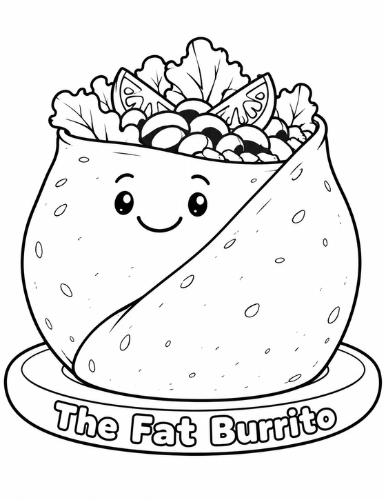 A smiling, comically fat overfilled burrito sits on a plate, its broad rounded tortilla bulging around the filling.