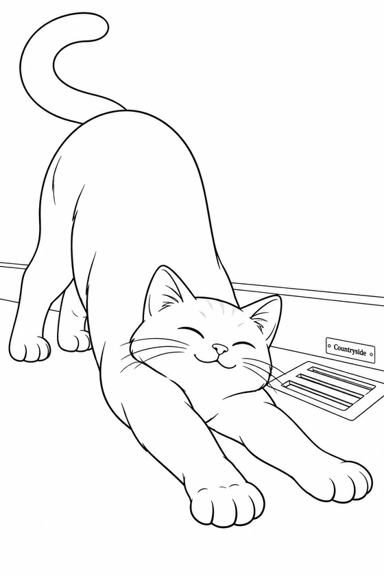 A cat stretches into an absurdly long relaxed curve beside a floor vent.