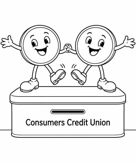 Two cheerful coin characters perform a mirrored tap-dance step together on the flat lid of a small rectangular savings tin.
