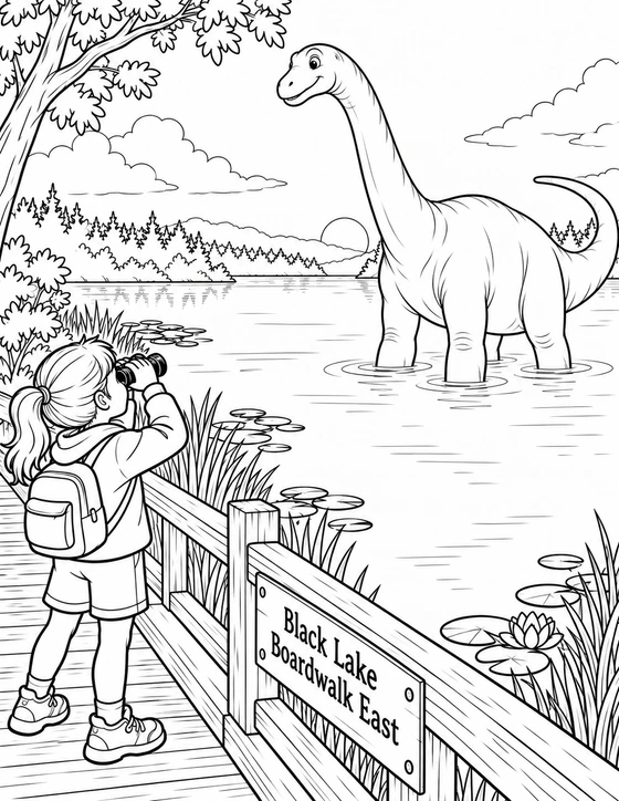 Girl spots a friendly long-necked dinosaur beside the northern East boardwalk.
