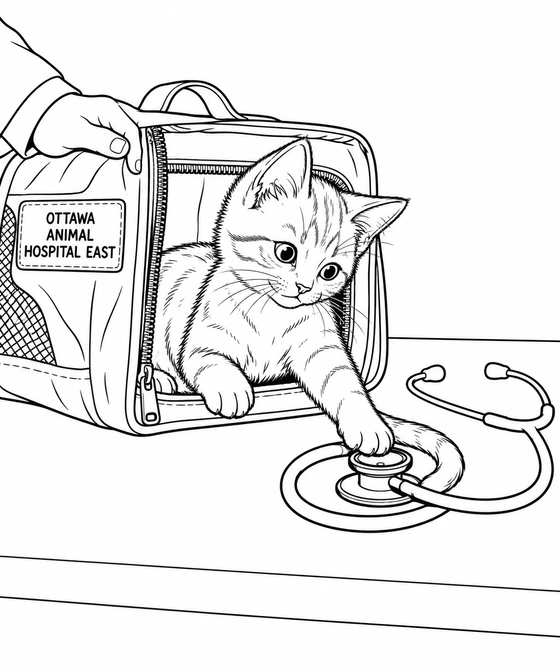 A kitten’s tail has quietly adopted the vet’s stethoscope as a toy.