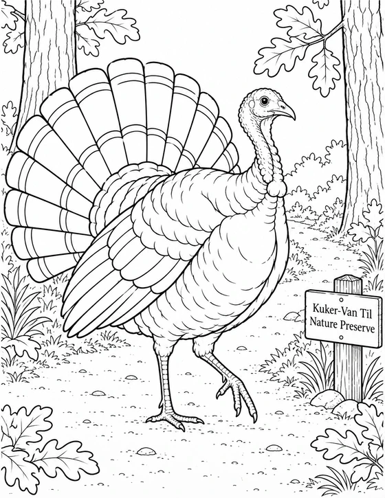 A wild turkey steps across a sandy trail with its tail partly fanned like a broad patterned sun.