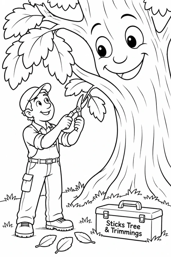 A friendly living tree bends one leafy branch down like an overgrown fringe while a smiling arborist gives it a tiny trim.