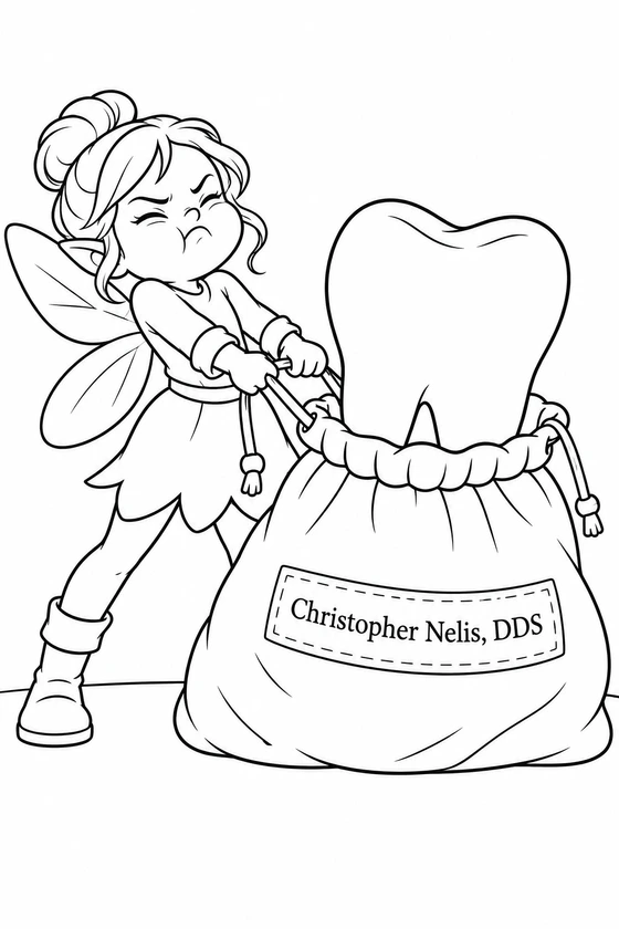 A tiny tooth fairy tries to close an overstuffed pouch around one enormous baby tooth.