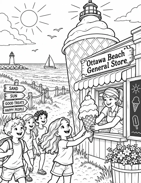 A child receives an enormous ice-cream cone that becomes a lighthouse-like landmark by the beach.