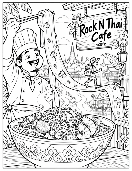A chef lifts an enormous noodle ribbon that becomes a playful bridge over a steaming bowl.