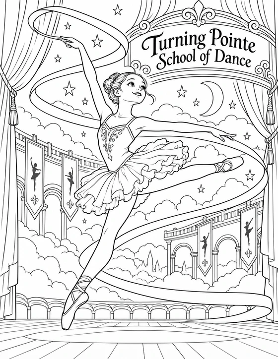 A young dancer's turning leap releases a sweeping ribbon path through an imagined theater sky.