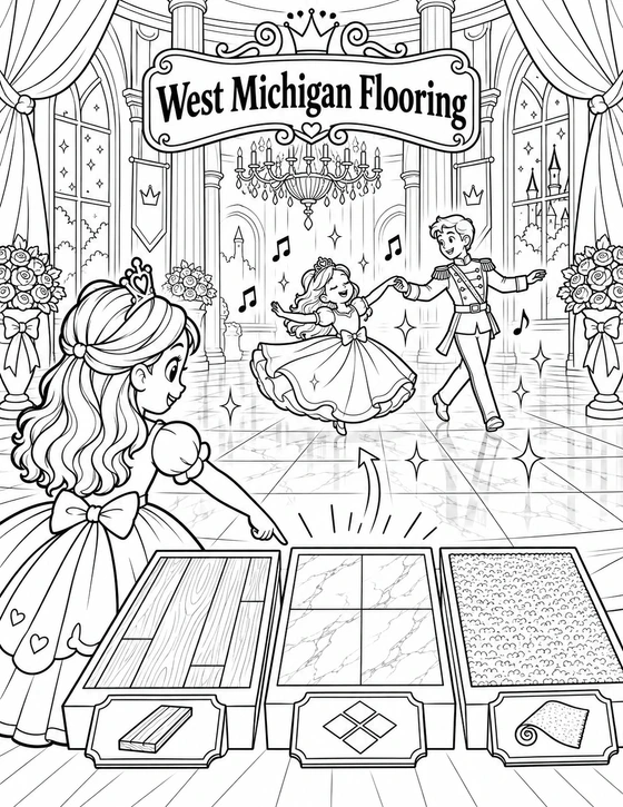 A child chooses one of three giant floor textures to complete a princess ballroom.