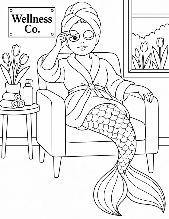 A robed mermaid peeks beneath an eye pad during a relaxing spa visit.
