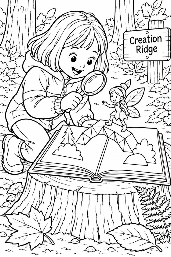 A kneeling child looks through a magnifying glass at a tiny leaf-winged fairy on a folded bridge in an open book. The book rests on a broad forest stump beside a Creation Ridge sign.