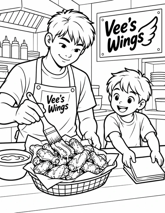 A cook brushes the final broad stripe of sauce across a basket of wings while a child places one napkin beside it; food stays supported and free of animals or insects.