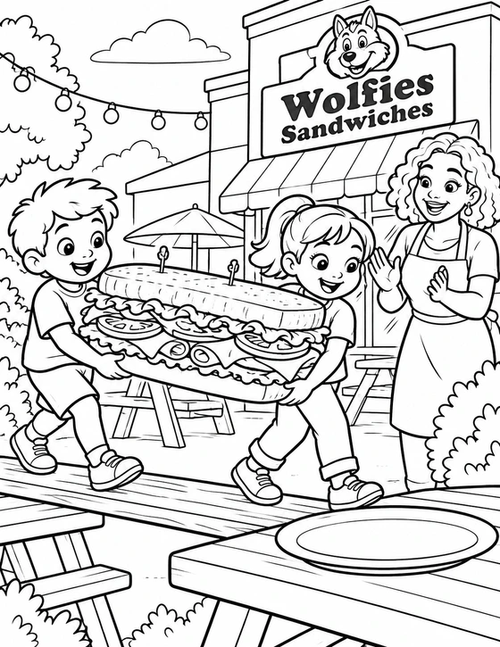 Two children carefully carry one enormous but coherent sandwich across a short picnic-table bridge toward a waiting plate.