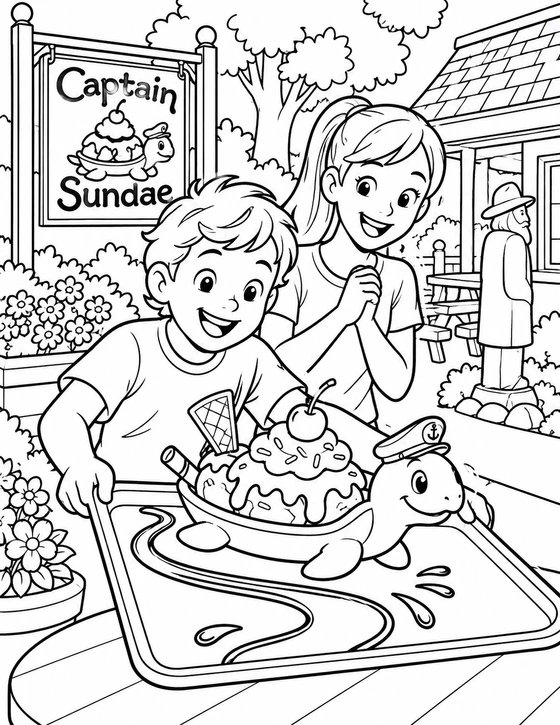 A child guides one large sundae shaped like a little boat around a broad syrup curve on a tray; the dish, spoon and toppings remain coherent and clean.