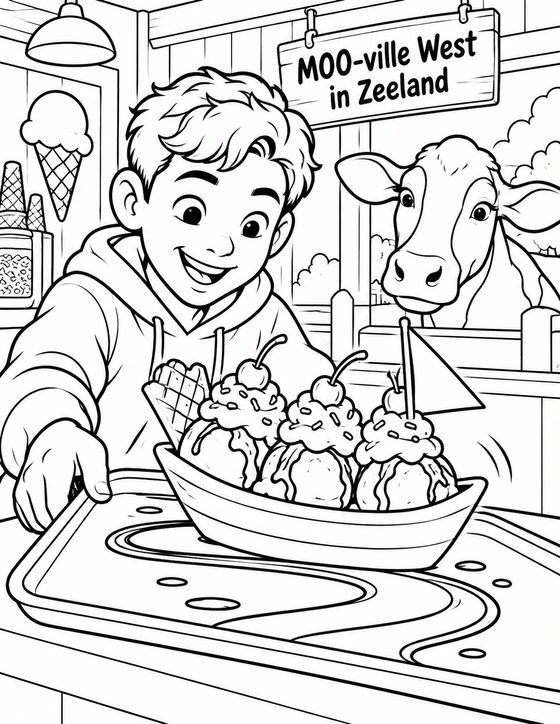 A child guides one large sundae shaped like a little boat around a broad syrup curve on a tray; the dish, spoon and toppings remain coherent and clean.