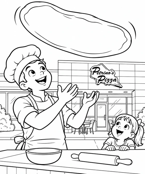 A smiling young chef prepares to catch a huge disk of airborne pizza dough while a girl looks up outside Petrino's Pizza.