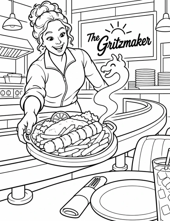 A smiling curly-bun woman offers a platter of skewered chunks, fries and flatbread across a curved counter. A friendly dragon-shaped steam curl rises from the hot food beneath the single restaurant sign.