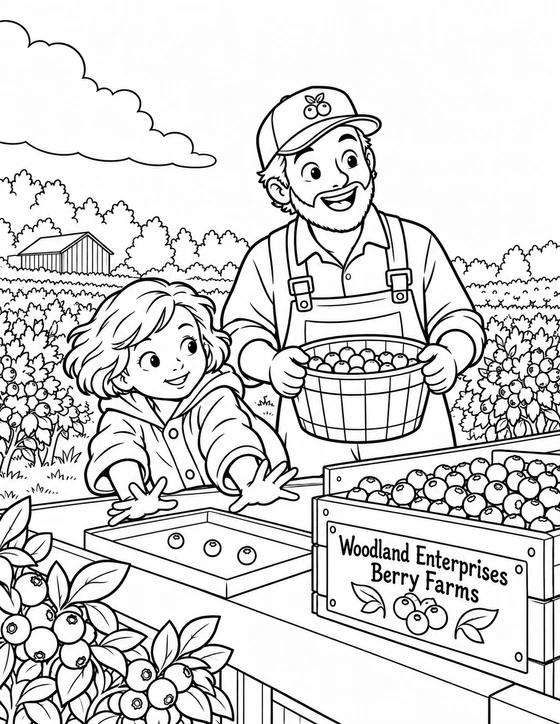 A farmer holds a basket of blueberries while a girl reaches toward a sorting tray at the farm counter.