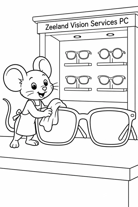 One tiny imagined mouse optician cleans one giant pair of spectacles with a broad cloth.