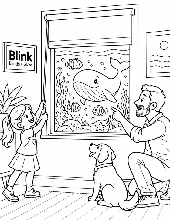 A child raises one coherent window blind and reveals a friendly underwater whale world while an adult shares the discovery.