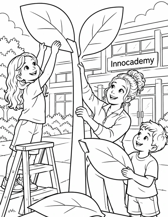Two children assemble a giant paper seedling from broad leaf pieces while a teacher holds the sturdy stem beside the school entrance.