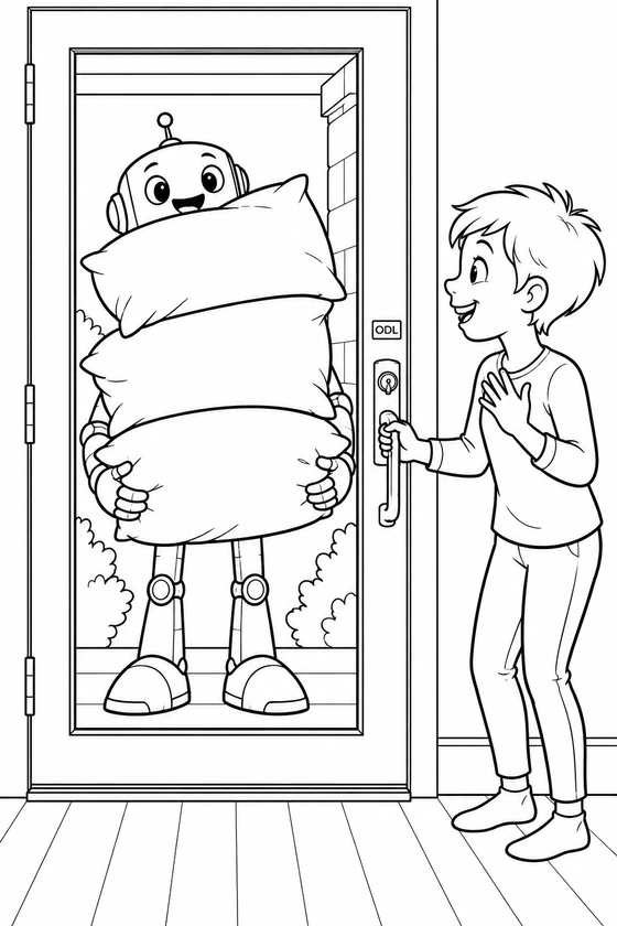 A child discovers a friendly robot carrying an enormous stack of pillows outside a glass front door.