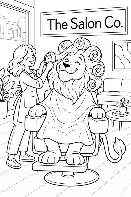 A smiling stylist rolls the final mane curl for a delighted lion seated in a salon chair.