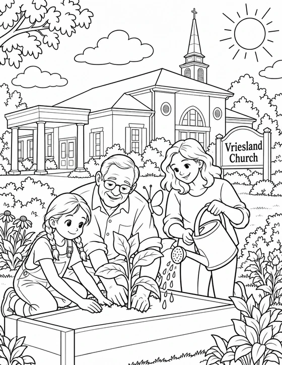 A braided child and glasses-wearing older man plant a seedling in a raised bed while a wavy-haired woman waters soil beside it; one butterfly hovers above the central leaves.