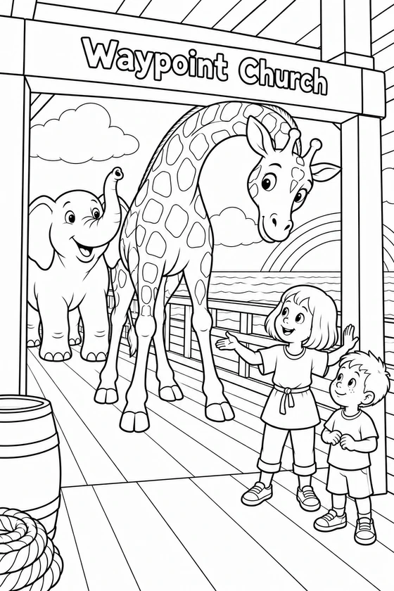 Two young adventurers watch a giraffe duck beneath a cabin beam inside an imagined ark, with an elephant waiting behind.