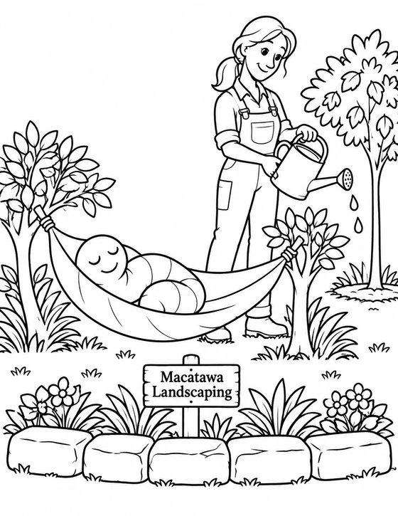 A gardener waters a young tree while a smiling worm naps in a leaf-like hammock tied between planted shrubs.