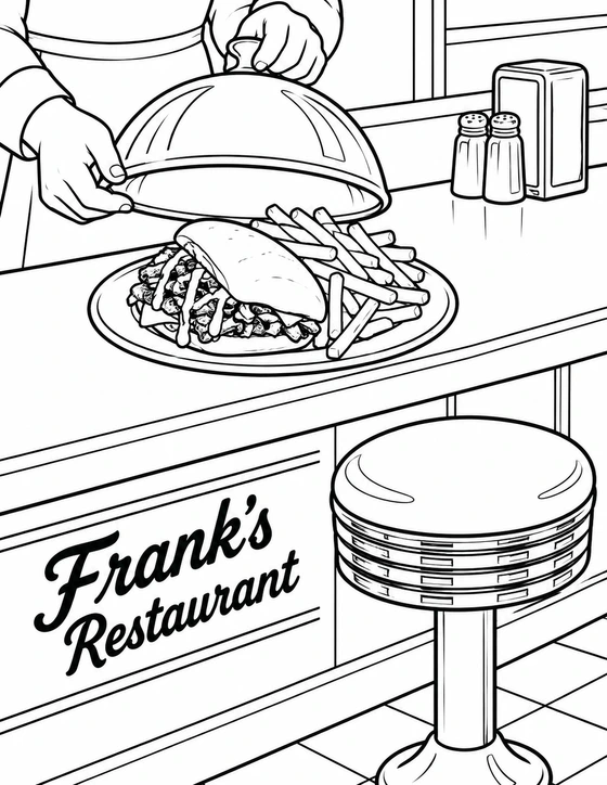 A server’s adult hands lift a polished metal cloche to reveal one neatly plated diner meal on the counter beside a distinctive round diner stool. Keep all food on the plate, the plate on the counter, and the stool feet on the floor. Show no animals, insects or mascots anywhere in the scene.