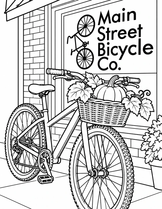 A parked, mechanically coherent bicycle carries a pumpkin and broad leaves in its front basket; three-quarter close view with almost no background.